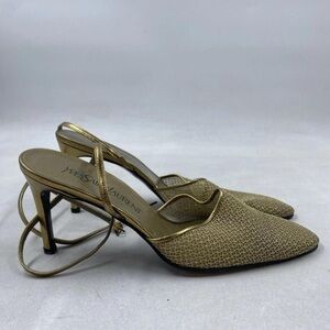 Vintage Authentic Yves Saint Laurent Metallic Gold Textured Slingback Heels